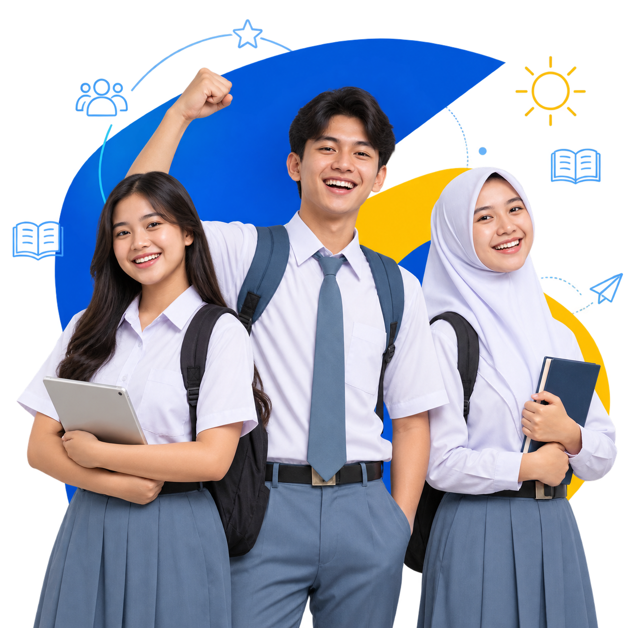 Tiga siswa SMA penuh semangat belajar